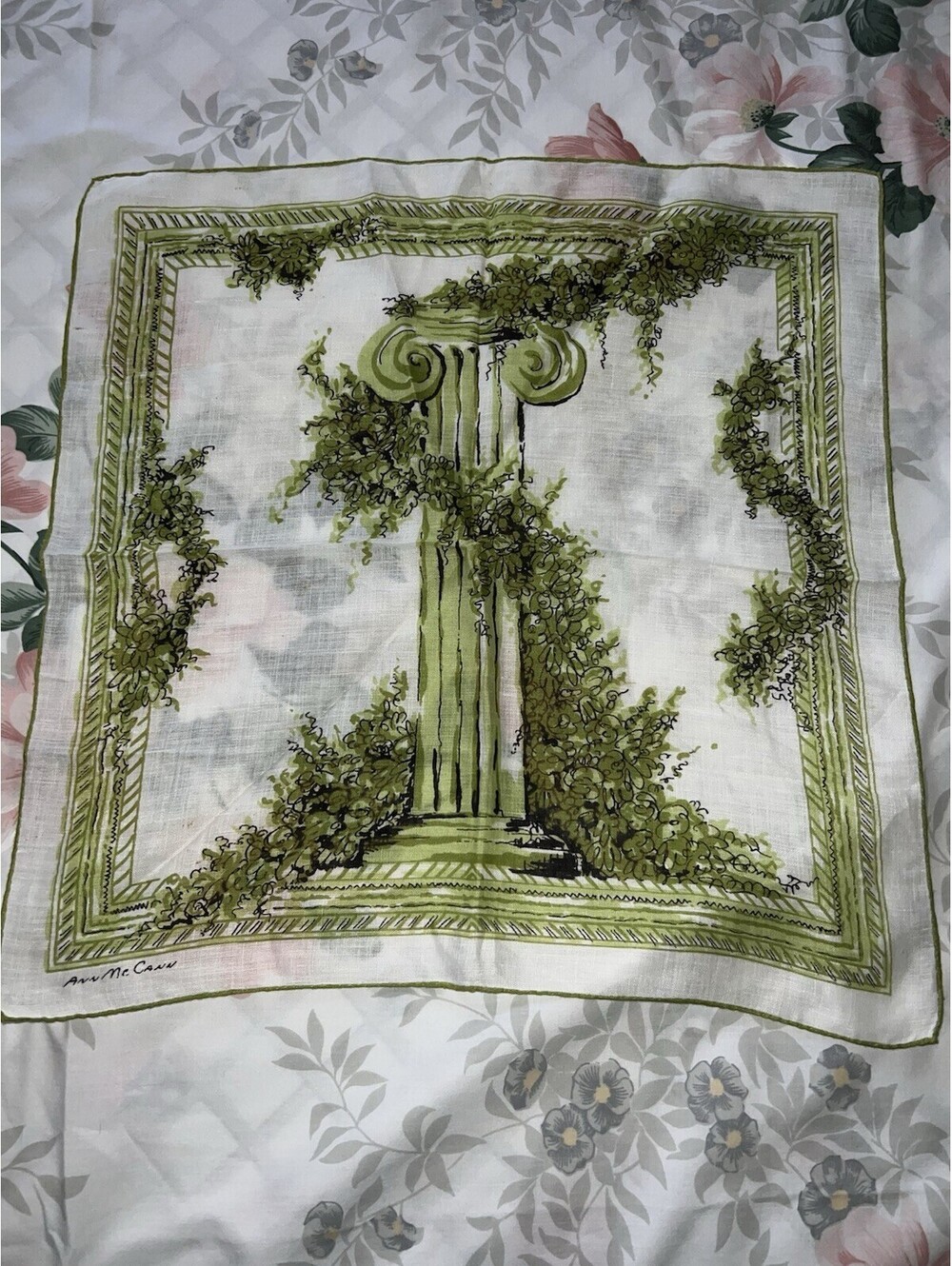 Vintage Ann McCann Handkerchief Hankie Designer Linen Green